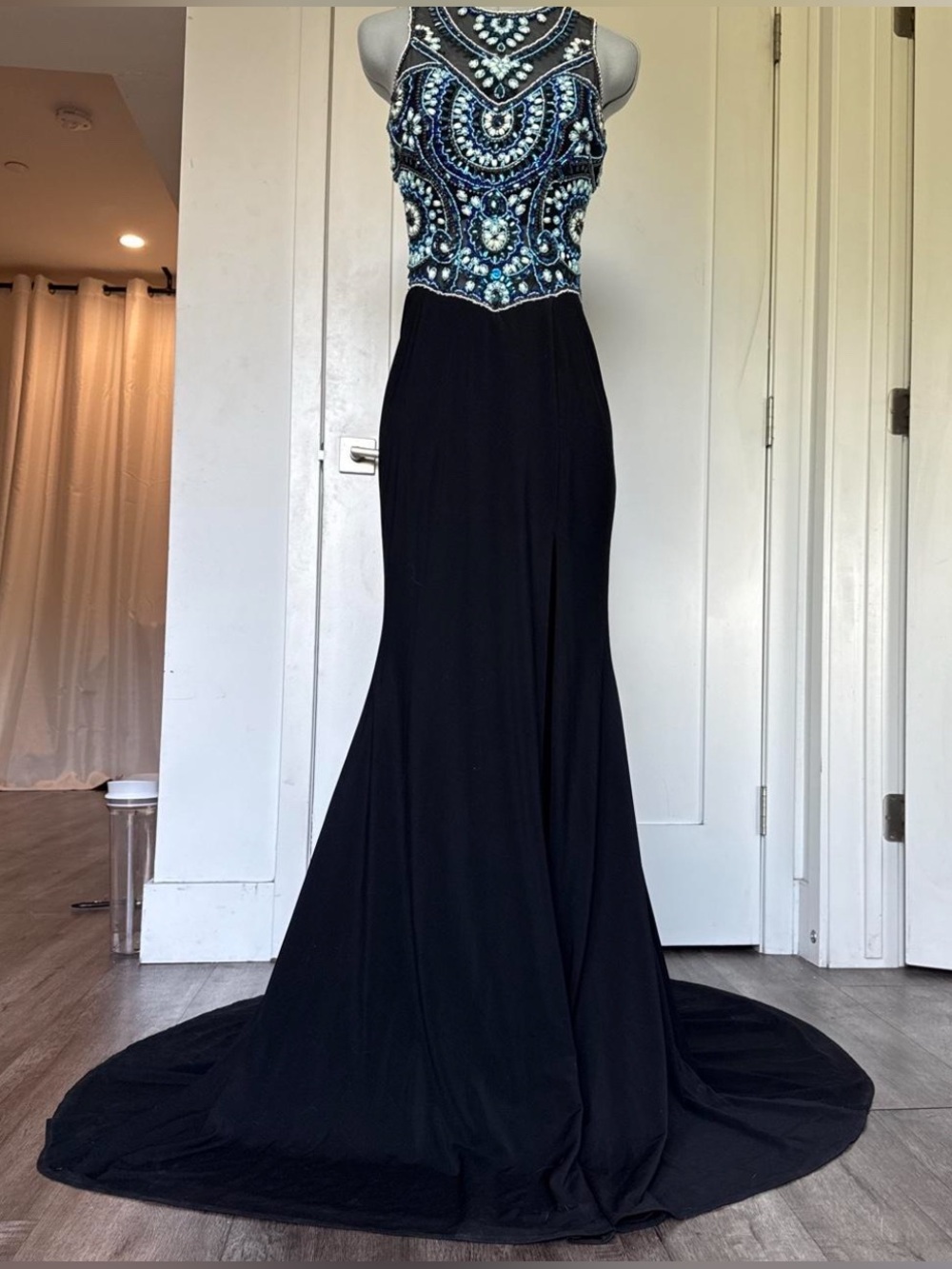 Macy’s Black Blue Beaded Mermaid Prom Dress Open Back Formal Gown